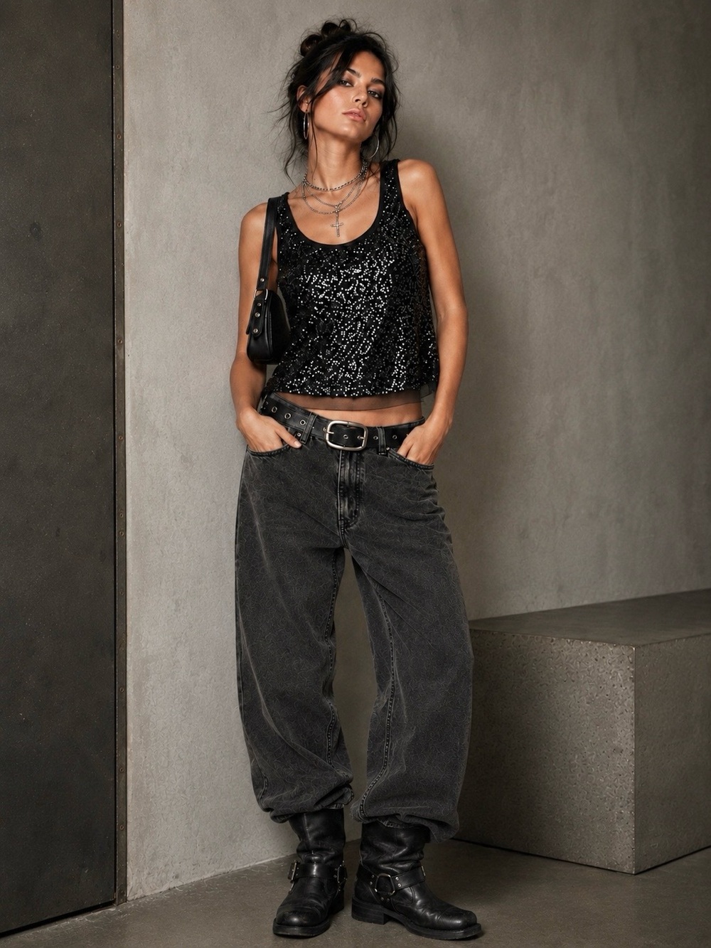 Y2K Express Sequin Crop Top Mesh Trim Black Silver Indie Sleeze Revival XS Glam